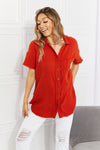 Zenana Full Size Summer Breeze Gauze Short Sleeve Shirt in Copper Top Trendsi Red Orange S 