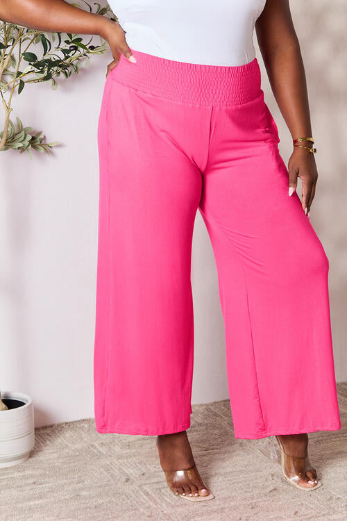 Double Take Full Size Smocked Wide Waistband Wide Leg Pants Pants Trendsi Hot Pink S 