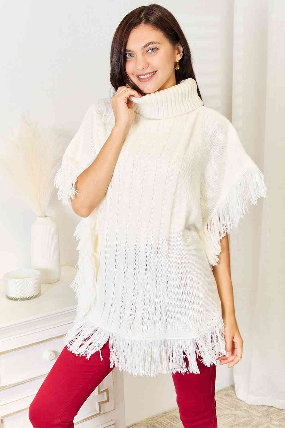 Justin Taylor Turtle Neck Fringe Poncho Ponchos Trendsi Ivory One Size 