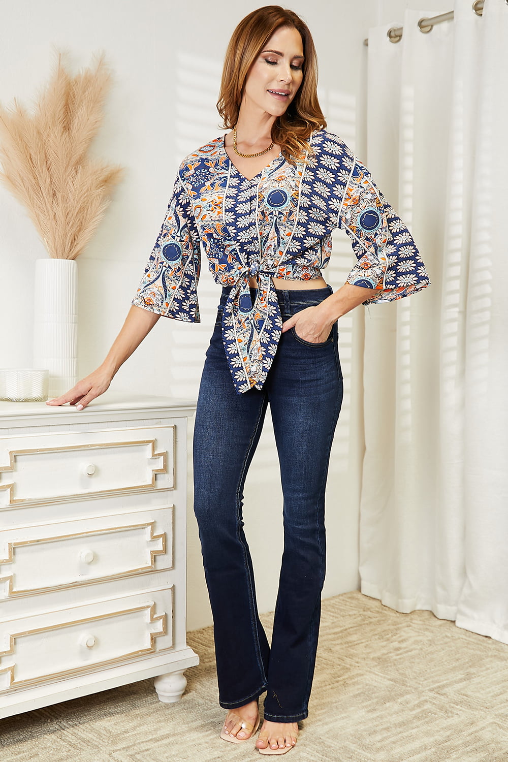 Double Take Tie Hem V-Neck Three-Quarter Sleeve Blouse - NeoKira Unlimited