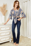 Double Take Tie Hem V-Neck Three-Quarter Sleeve Blouse Top Trendsi   