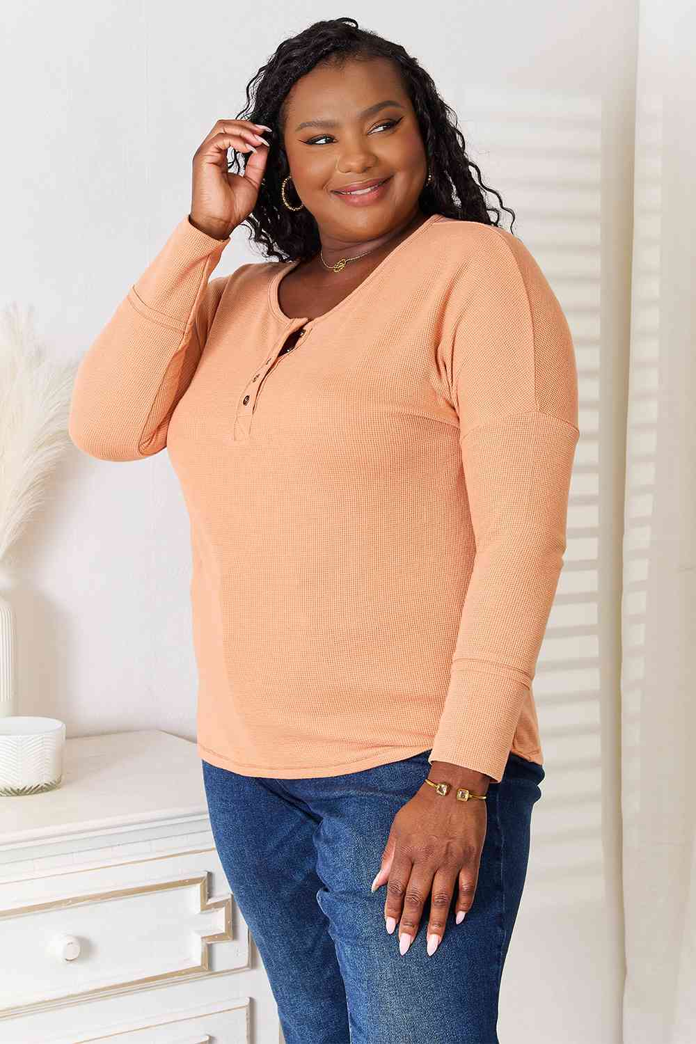 Basic Bae Half Button Long Sleeve Top - NeoKira Unlimited