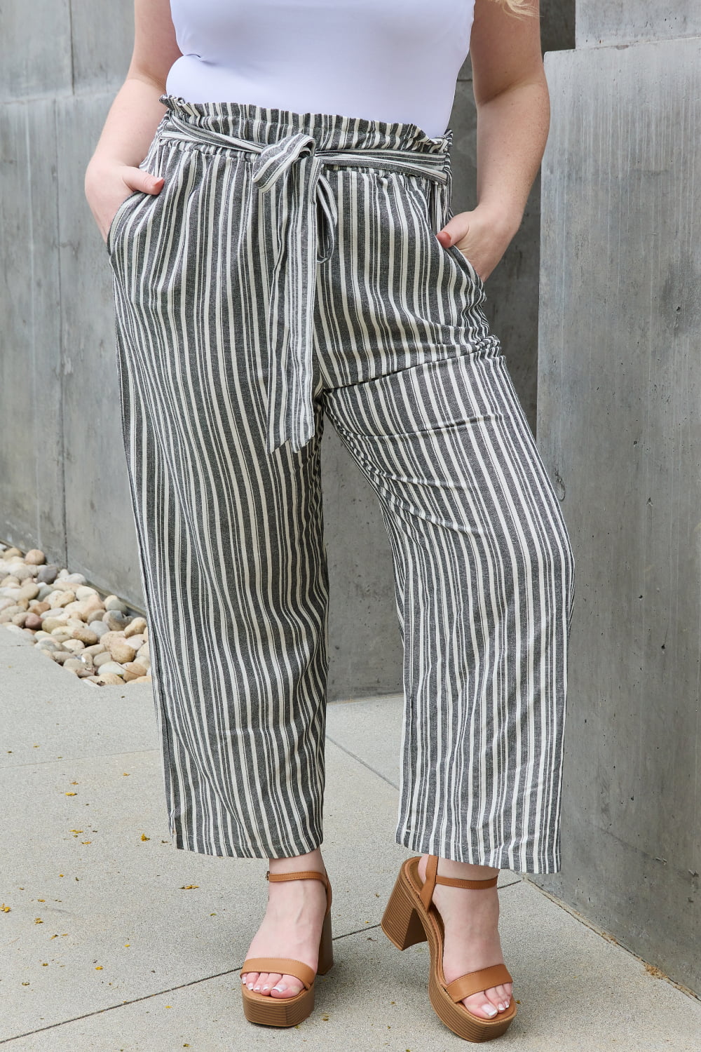 Heimish Find Your Path Full Size Paperbag Waist Striped Culotte Pants Pants Trendsi   