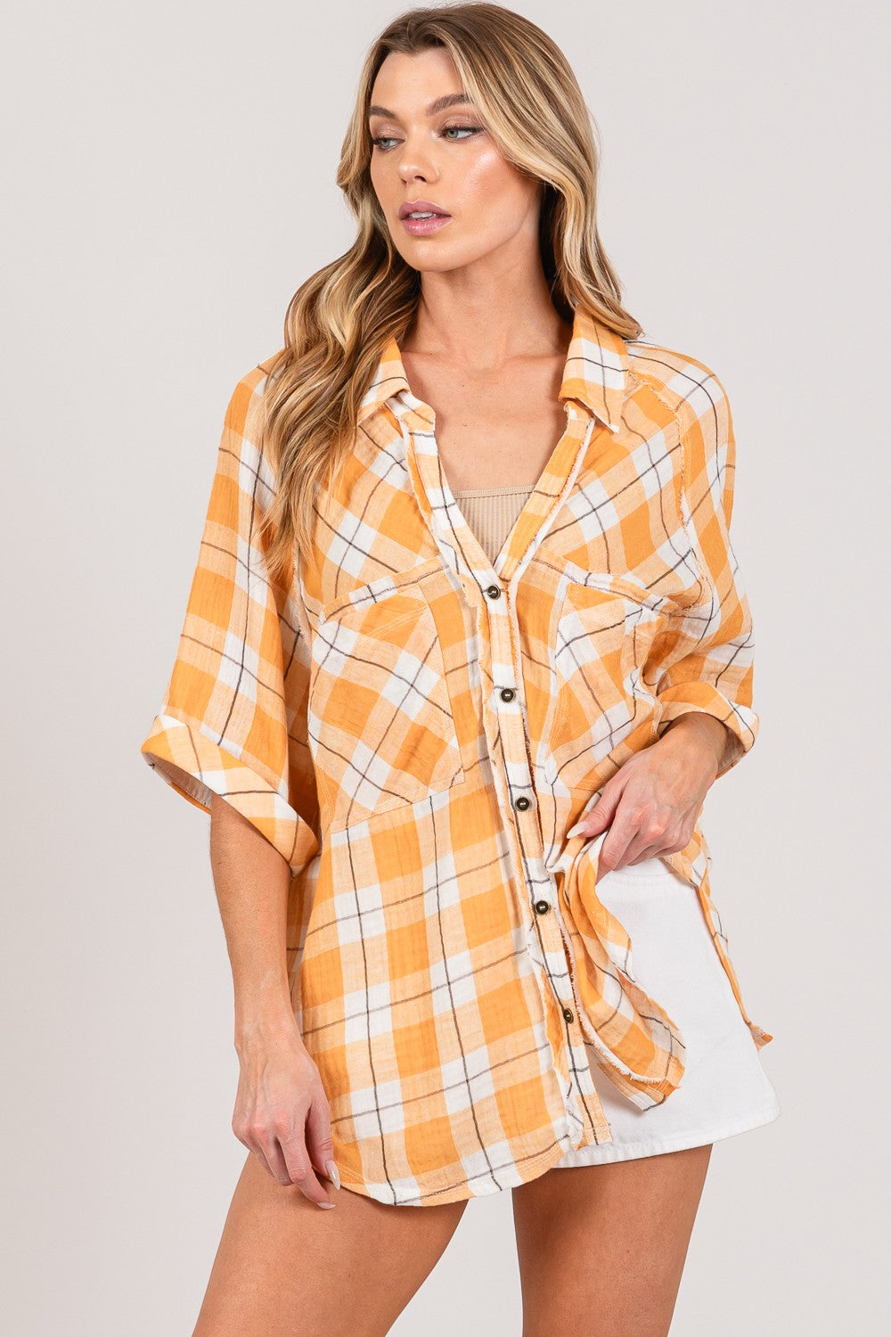 SAGE + FIG Plaid Button Up Side Slit Shirt - NeoKira Unlimited