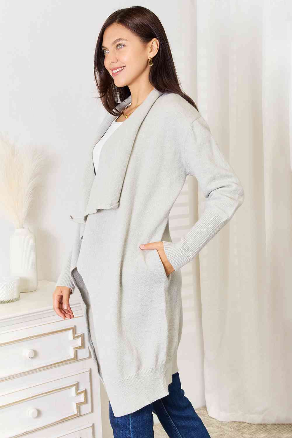 Double Take Open Front Duster Cardigan with Pockets Cardigan Trendsi   