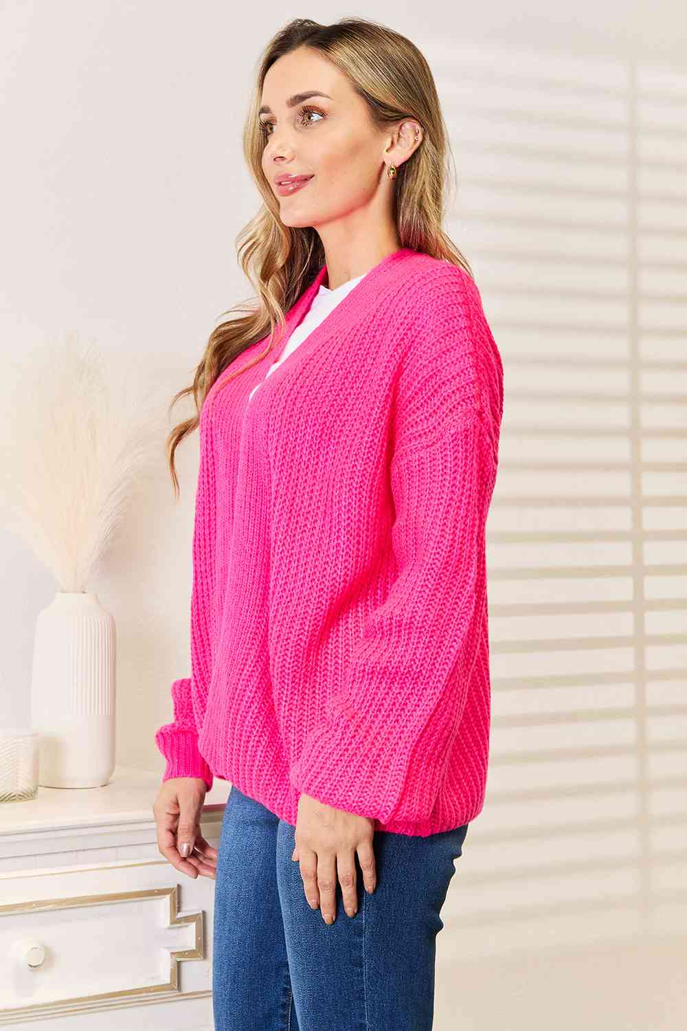 Woven Right Rib-Knit Open Front Drop Shoulder Cardigan - NeoKira Unlimited