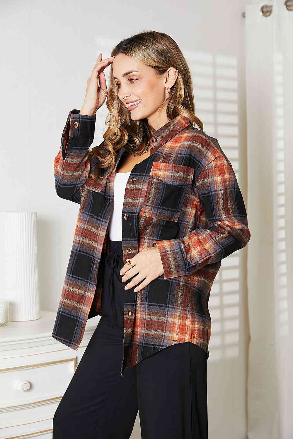 Double Take Plaid Dropped Shoulder Shirt Shirt Trendsi   