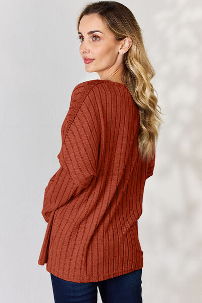 Basic Bae Full Size Ribbed Half Button Long Sleeve Top - NeoKira Unlimited