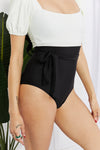 Marina West Swim Salty Air Puff Sleeve One-Piece in Cream/Black Swimsuit Trendsi   