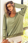 BiBi Waffle Knit Contrast Trim Long Sleeve T-Shirt Top Trendsi OLIVE S 