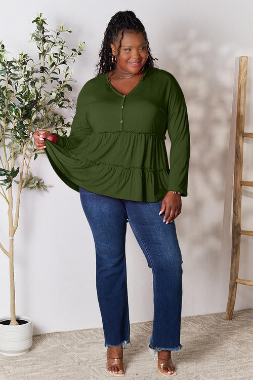 Double Take Half Button Long Sleeve Ruffle Hem Blouse - NeoKira Unlimited