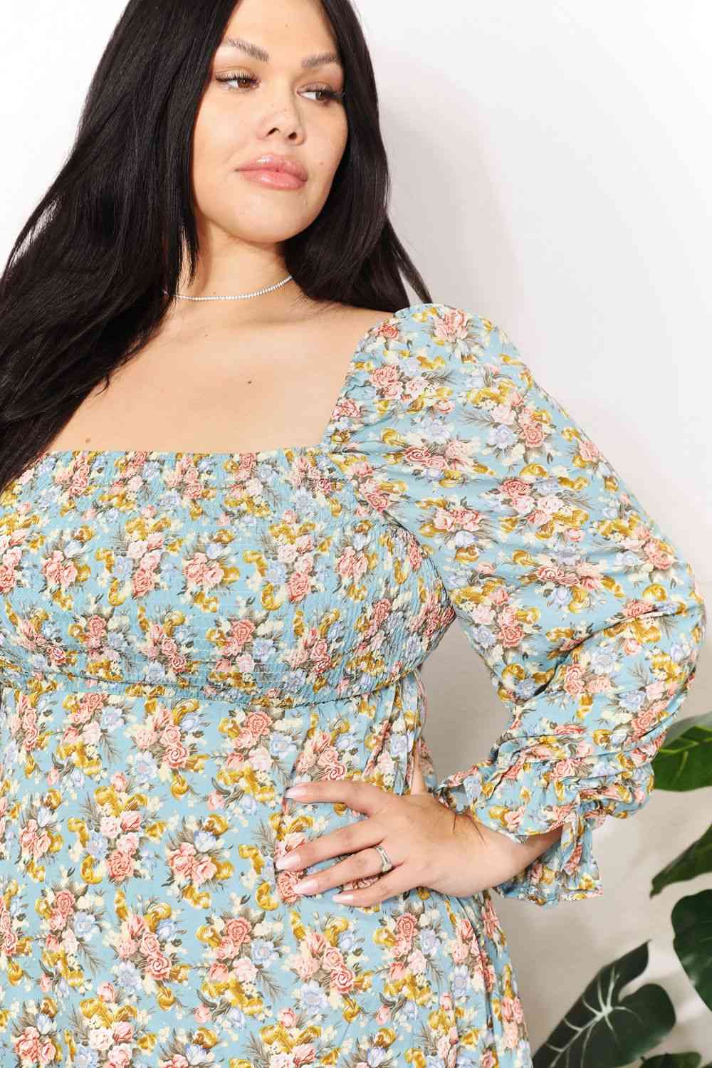 Honey Floral Smocked Flounce Sleeve Square Neck Dress - NeoKira Unlimited
