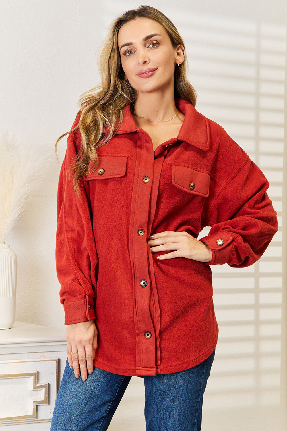 Heimish Cozy Girl Full Size Button Down Shacket Shacket Trendsi   