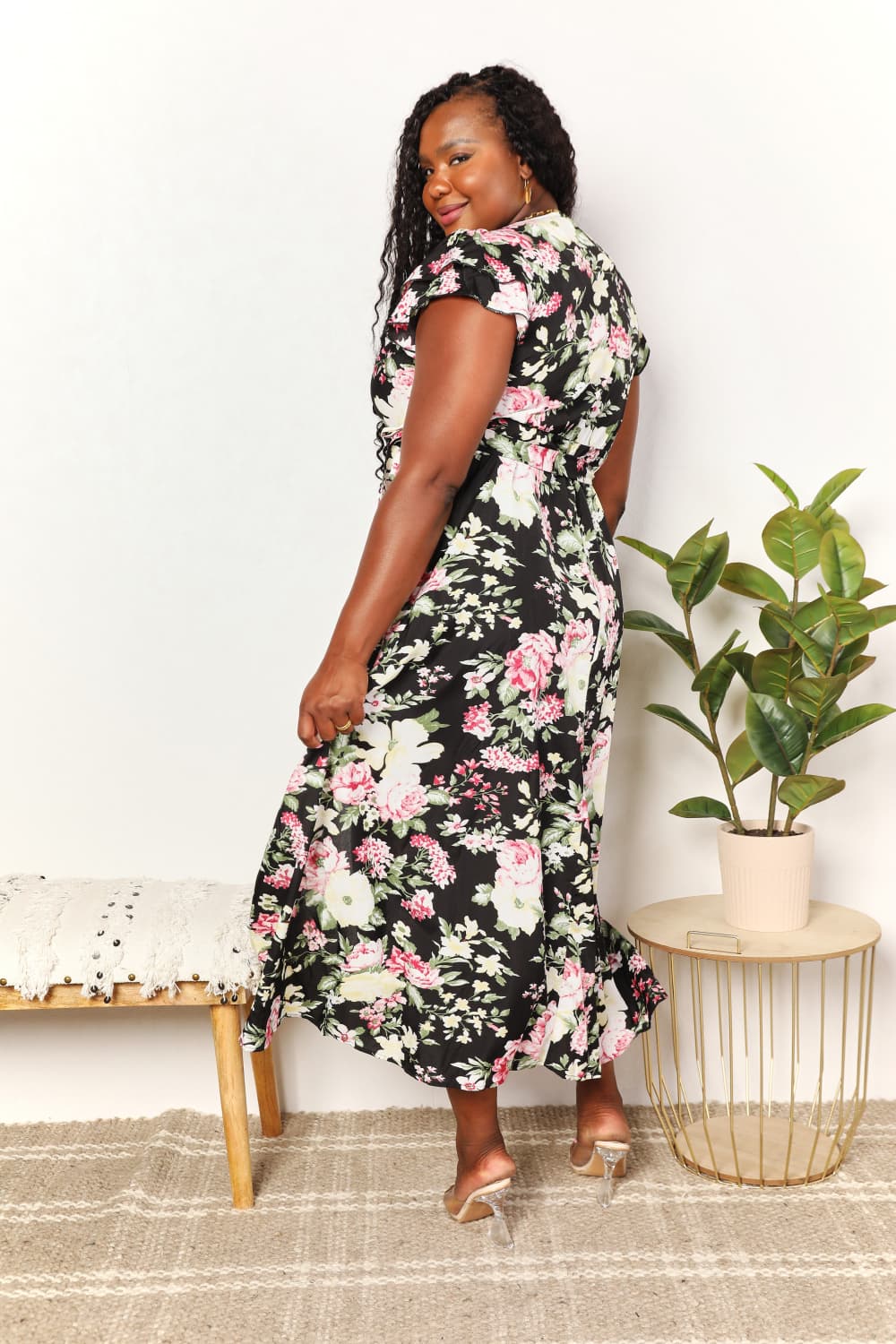 Double Take Floral Flutter Sleeve Tie-Waist Split Dress Maxi Dress Trendsi   