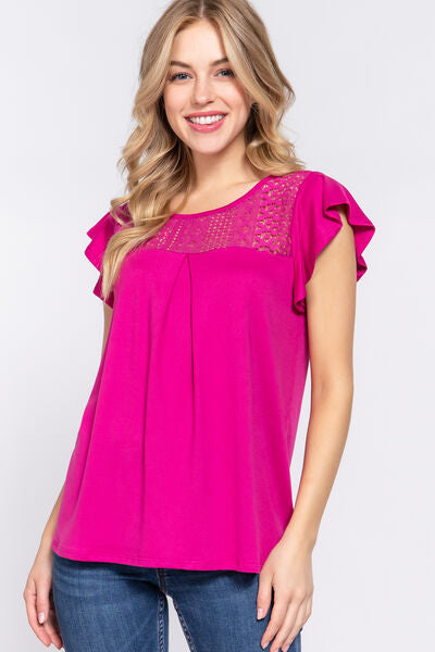 ACTIVE BASIC Ruffle Short Sleeve Lace Detail Knit Top - NeoKira Unlimited