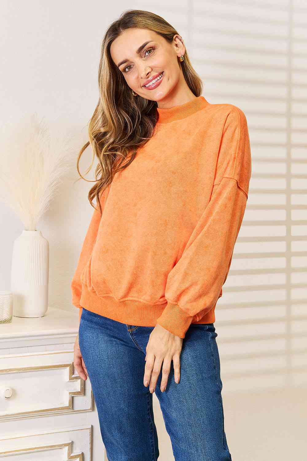 Basic Bae Round Neck Dropped Shoulder Sweatshirt Sweater Trendsi Pumpkin S 