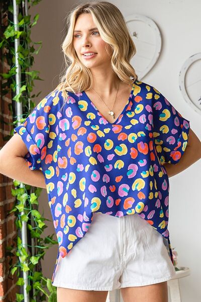 First Love Printed V-Neck Short Sleeve Blouse Blouse Trendsi   