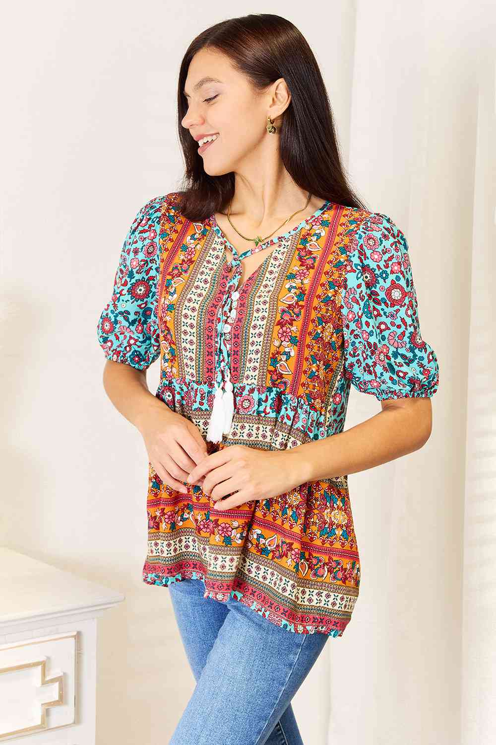 Double Take Bohemian Tassel Tie Puff Sleeve Babydoll Blouse - NeoKira Unlimited