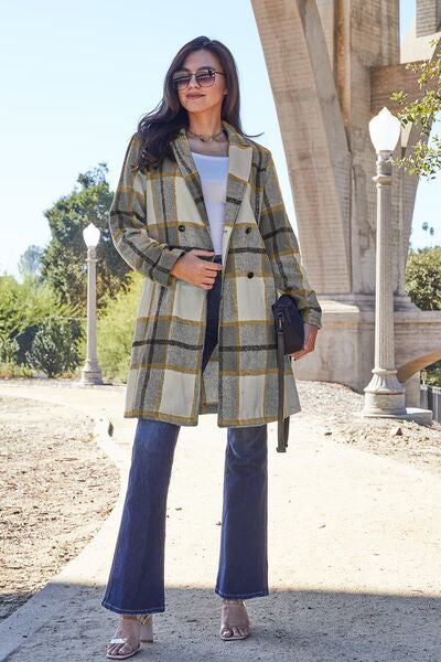 Double Take Full Size Plaid Button Up Lapel Collar Coat - NeoKira Unlimited