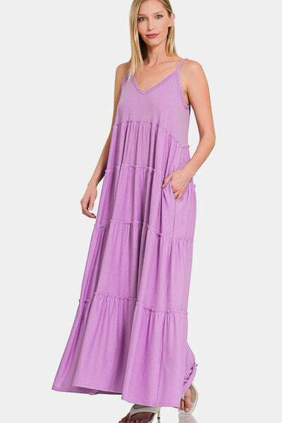 Zenana Frill Tiered V-Neck Maxi Cami Dress Maxi Dress Trendsi   