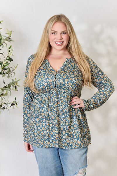Heimish Full Size Floral Half Button Long Sleeve Blouse - NeoKira Unlimited