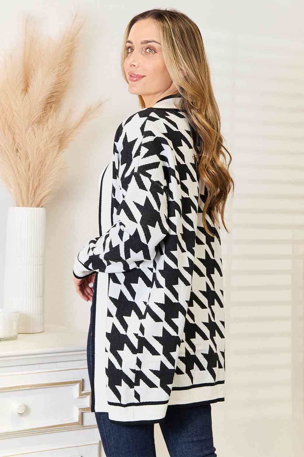 Woven Right Houndstooth Open Front Longline Cardigan Cardigan Trendsi   