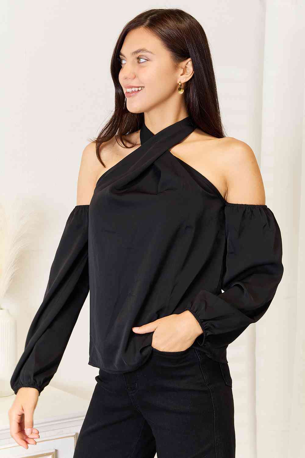 Double Take Grecian Cold Shoulder Long Sleeve Blouse - NeoKira Unlimited