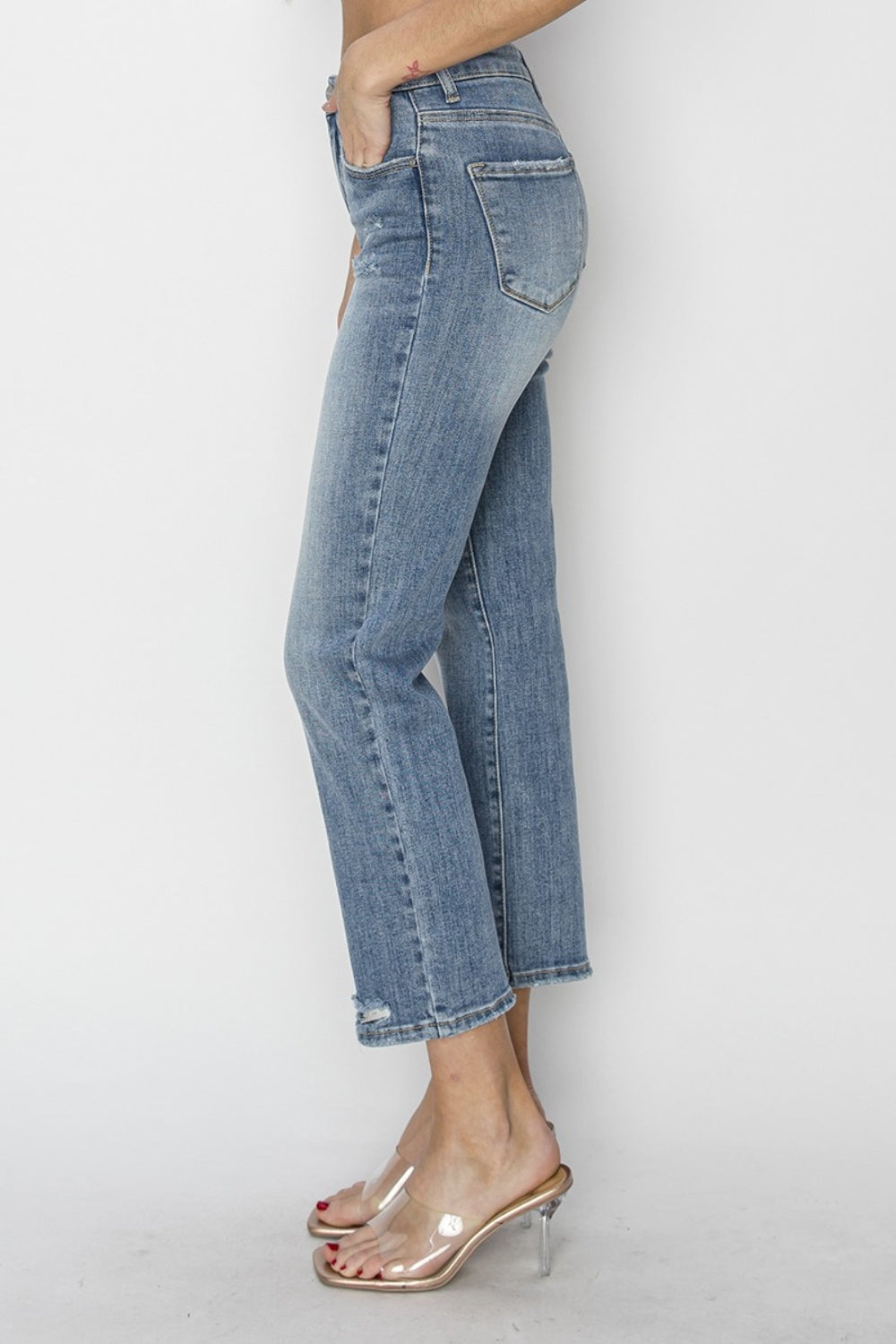 RISEN Full Size High Waist Distressed Cropped Jeans Jeans Trendsi   