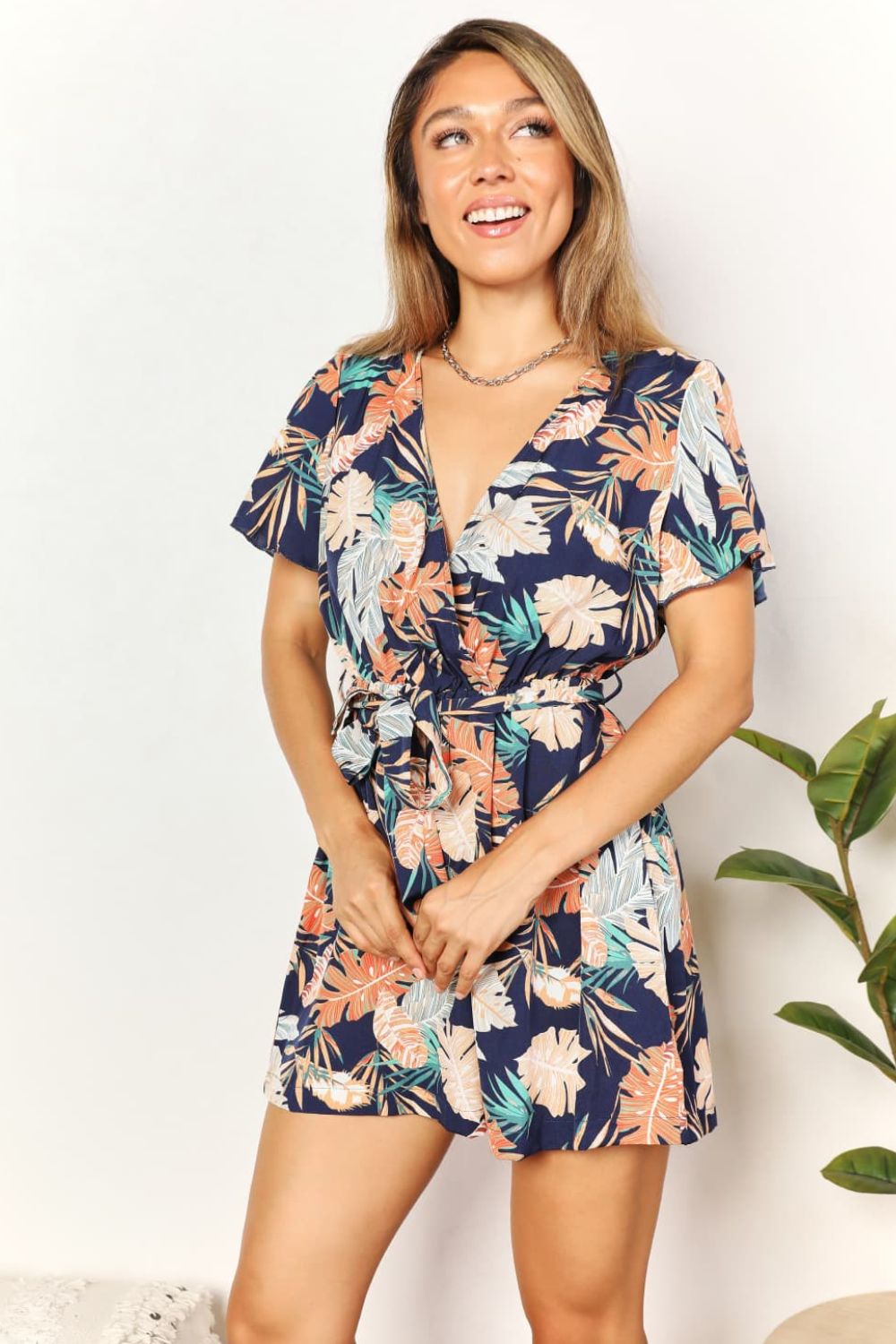 Honey Botanical Print Surplice Neck Tie Waist Romper - NeoKira Unlimited