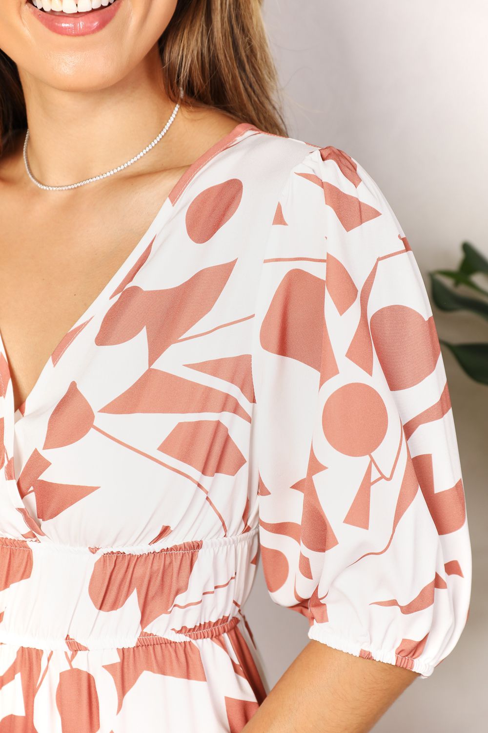 Printed Surplice Balloon Sleeve Dress - NeoKira Unlimited
