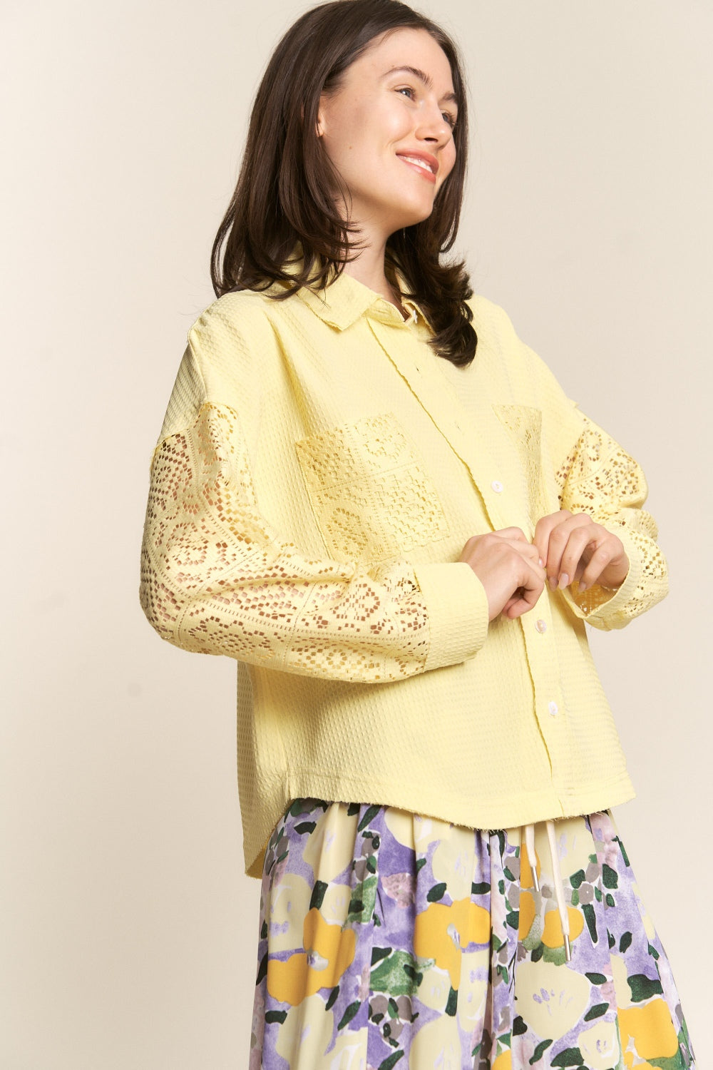 J.NNA Button Down Lace Long Sleeve Waffle Shirt Shirt Trendsi   