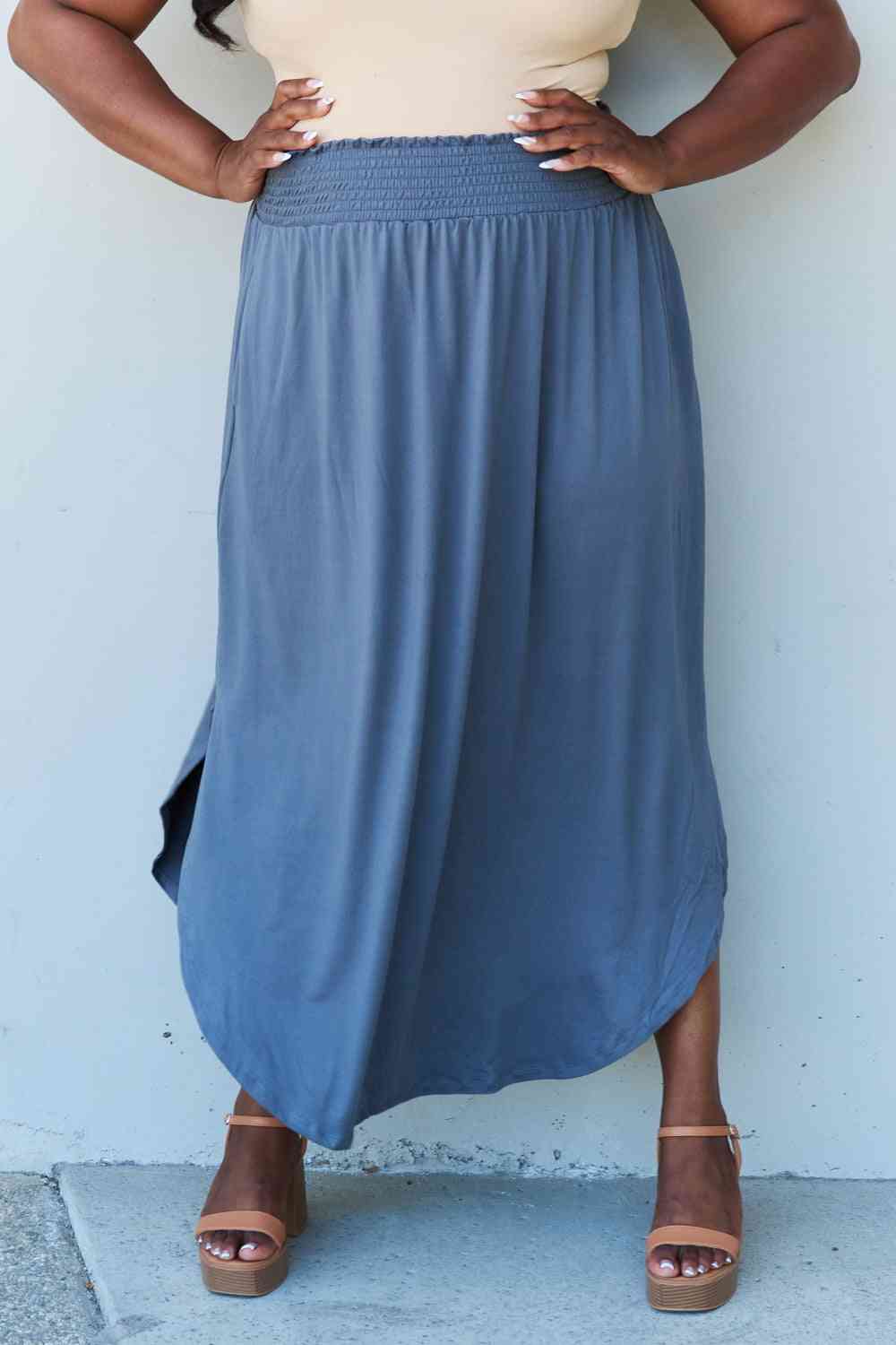 Doublju Comfort Princess Full Size High Waist Scoop Hem Maxi Skirt in Dusty Blue Skirt Trendsi   