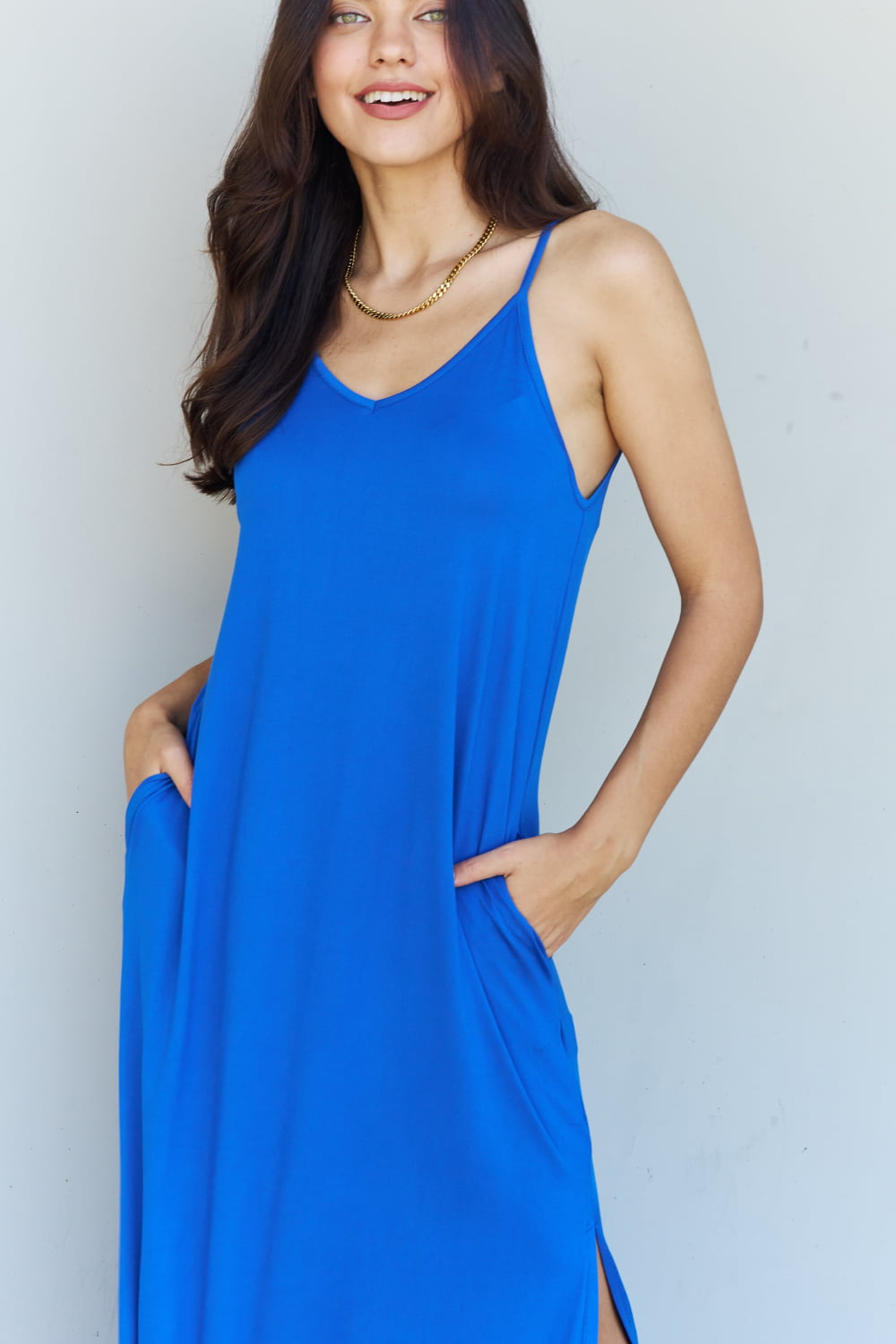 Ninexis Good Energy Full Size Cami Side Slit Maxi Dress in Royal Blue Maxi Dress Trendsi   