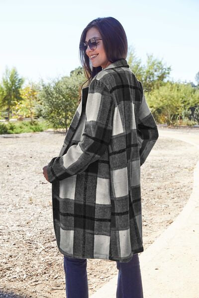 Double Take Full Size Plaid Button Up Lapel Collar Coat Coat Trendsi   