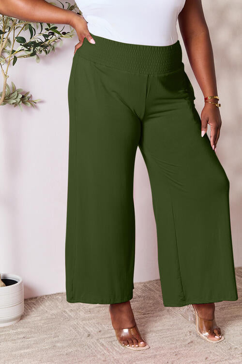 Double Take Full Size Smocked Wide Waistband Wide Leg Pants Pants Trendsi Army Green S 