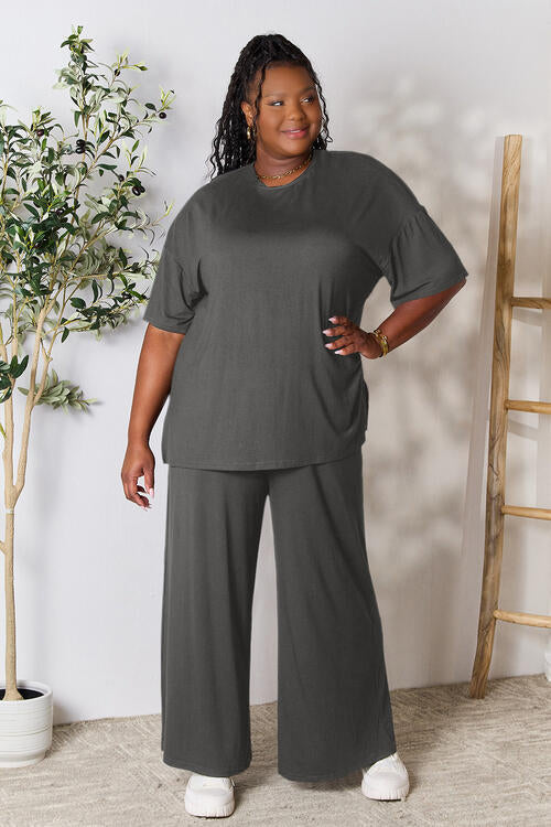 Double Take Full Size Round Neck Slit Top and Pants Set Pants Set Trendsi   