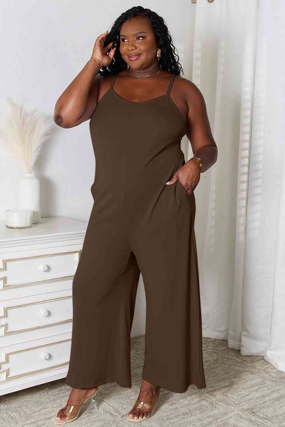 Basic Bae Full Size Spaghetti Strap V-Neck Jumpsuit Jumpsuits Trendsi Chocolate S 