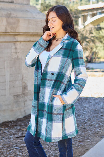 Double Take Full Size Plaid Button Up Lapel Collar Coat Coat Trendsi   