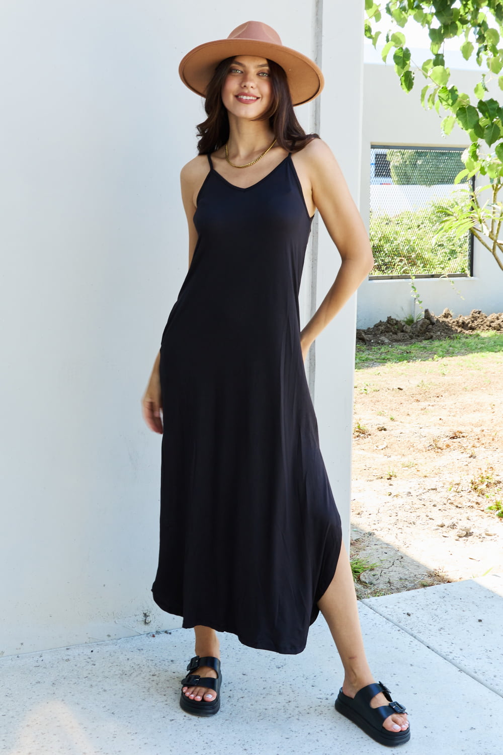 Ninexis Good Energy Full Size Cami Side Slit Maxi Dress in Black Maxi Dress Trendsi   