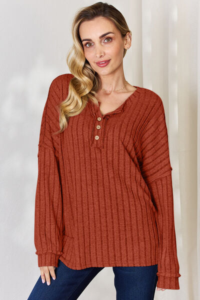 Basic Bae Full Size Ribbed Half Button Long Sleeve Top Top Trendsi Brick Red S 