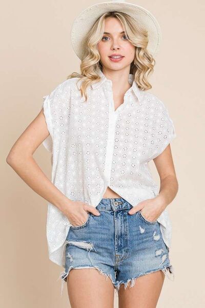 Culture Code Eyelet Crisscross Back Button Up Shirt Top Trendsi SOFTWHITE S 