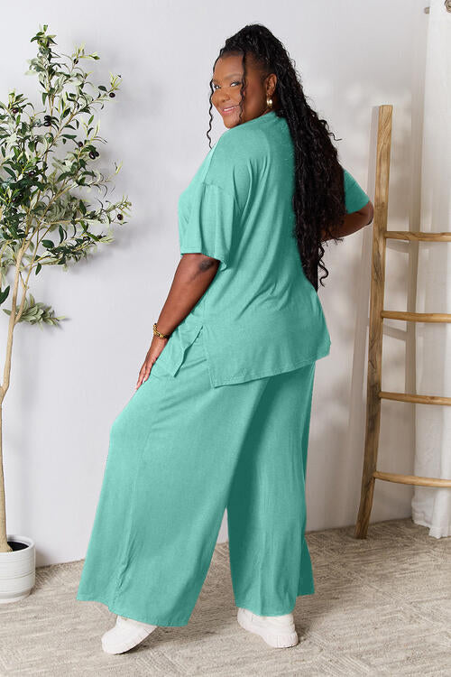Double Take Full Size Round Neck Slit Top and Pants Set - NeoKira Unlimited