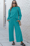 Double Take Full Size Textured Long Sleeve Top and Drawstring Pants Set Pants Set Trendsi   