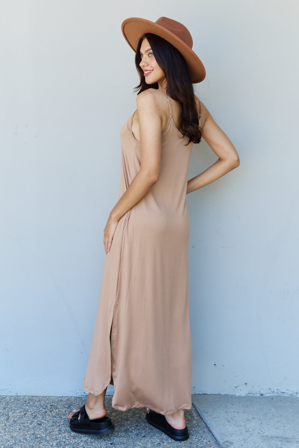 Ninexis Good Energy Full Size Cami Side Slit Maxi Dress in Camel Maxi Dress Trendsi   