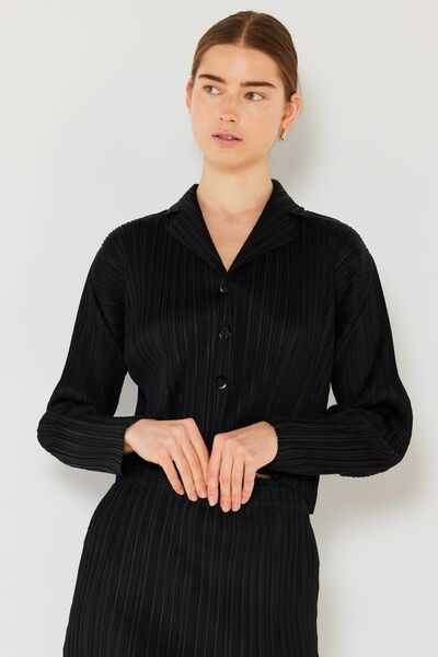 Marina West Swim Pleated Cropped Button Up Shirt Shirt Trendsi Black S/M 