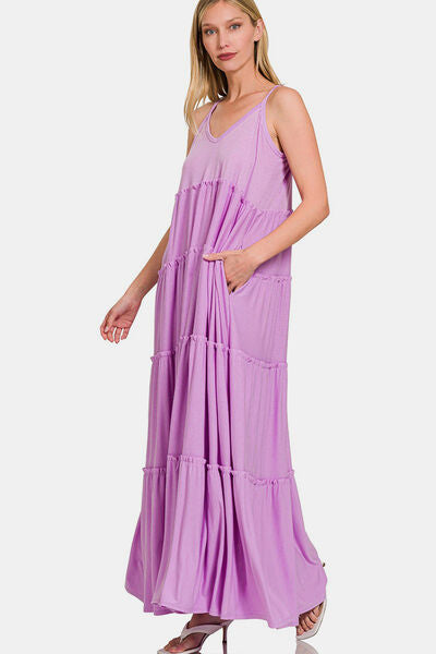 Zenana Frill Tiered V-Neck Maxi Cami Dress Maxi Dress Trendsi BLAVENDER S 