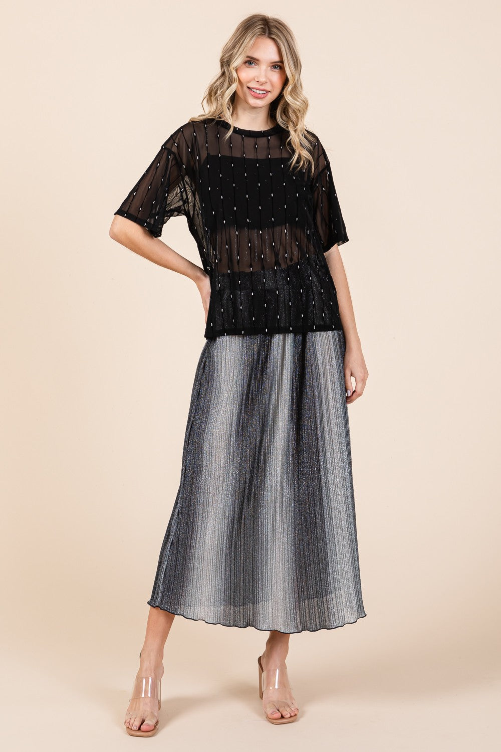 GeeGee Round Neck Drop Shoulder Mesh Glitter Top - NeoKira Unlimited