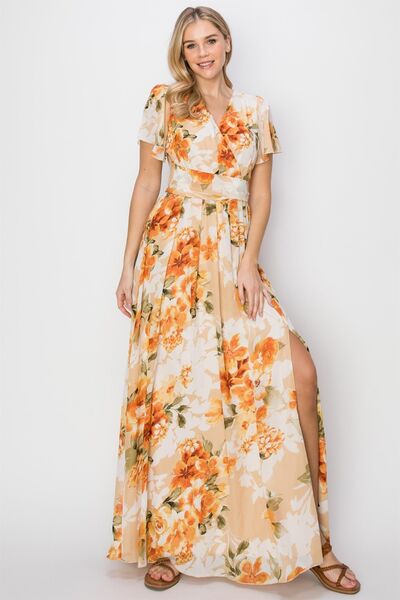 HYFVE Floral Tie Back Short Sleeve Slit Maxi Dress Maxi Dress Trendsi ORANGE S 