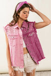 BiBi Pearl & Rhinestone  Decor Contrast Raw Hem Vest Coat Jacket Trendsi Pink/Fuchsia S 