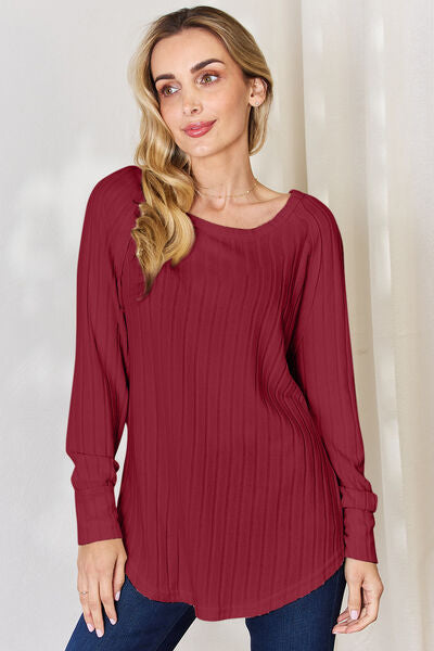 Basic Bae Full Size Ribbed Round Neck Slit Shirt - NeoKira Unlimited